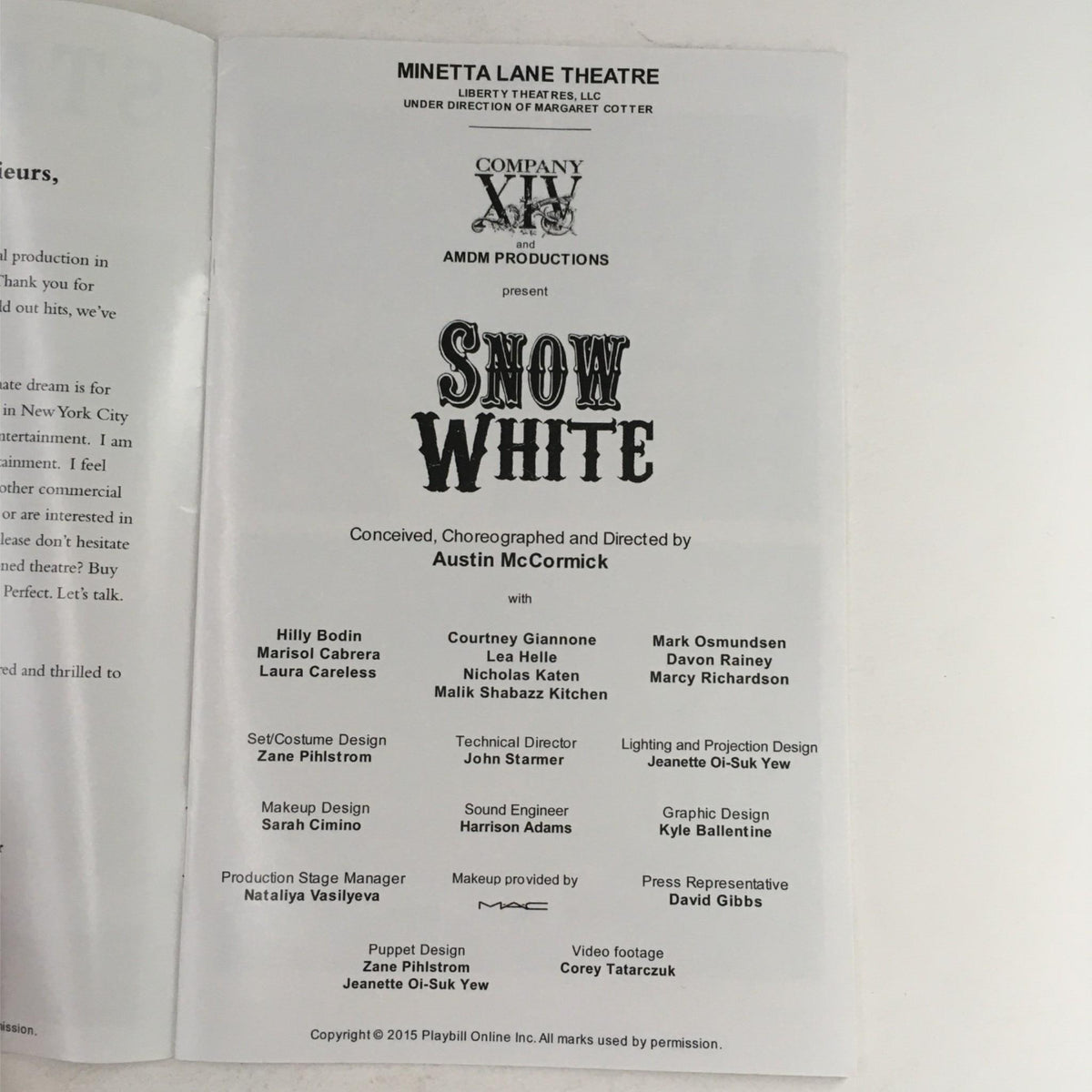 Interior page of the 2015 Stagebill for Snow White by Austin McCormick at Minetta Lane Theatre, featuring the cast and crew details, including names like Hillary Bodin, Marshall Cabres, and Austin McCormick.