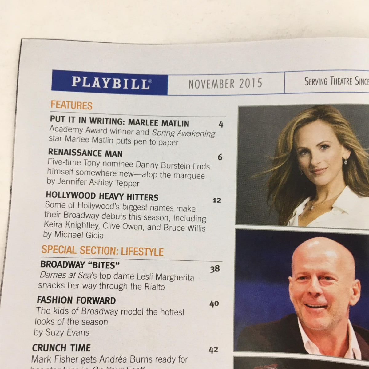 2015 Playbill Something Rotten, featuring a page with an article about Marlee Matlin and other theater highlights.