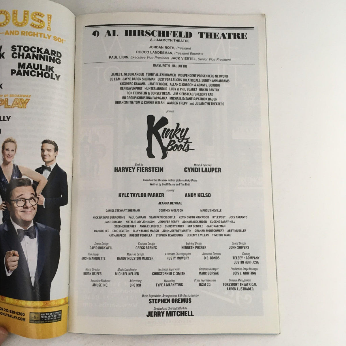 2015 Playbill Kinky Boots at Al Hirschfeld Theatre, detailing cast and crew including Kyle Taylor Parker, Harvey Fierstein, and Cyndi Lauper.