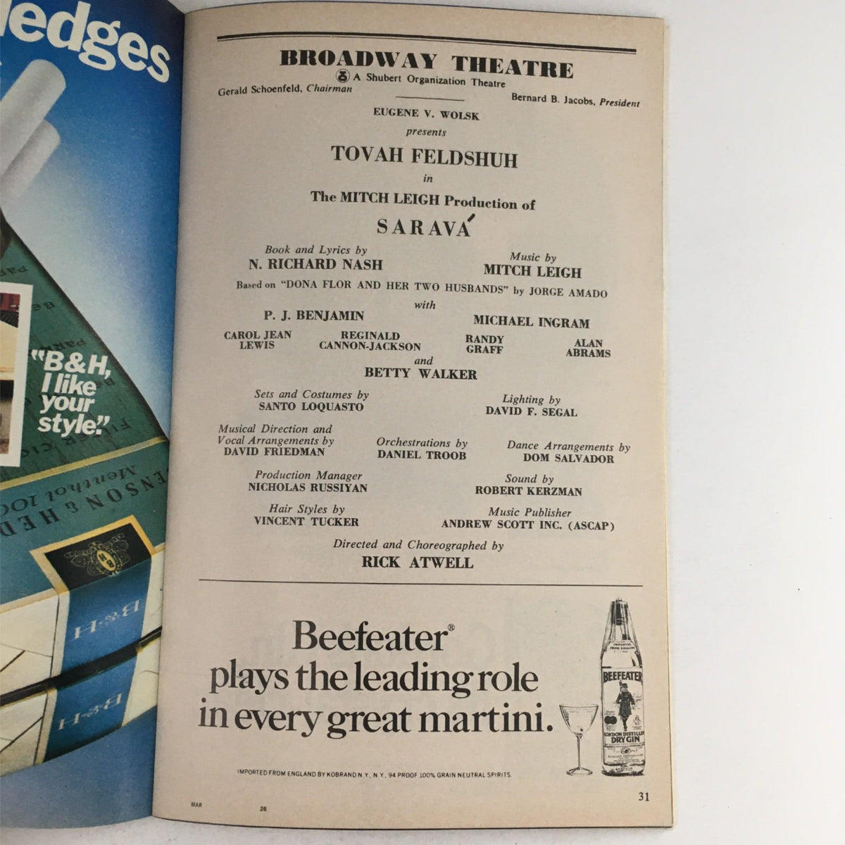 Another inside page of the 1979 Playbill Sarava by Rick Atwell showcasing cast and production details including the name of Rick Atwell as the director.