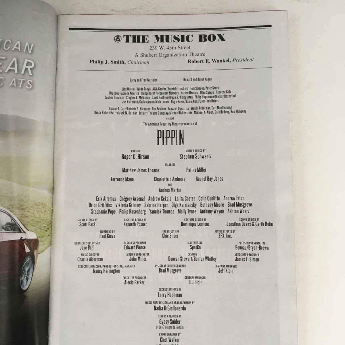 Credits and cast page from the 2013 Playbill for Pippin at The Music Box, listing the production team, actors, and theater information.
