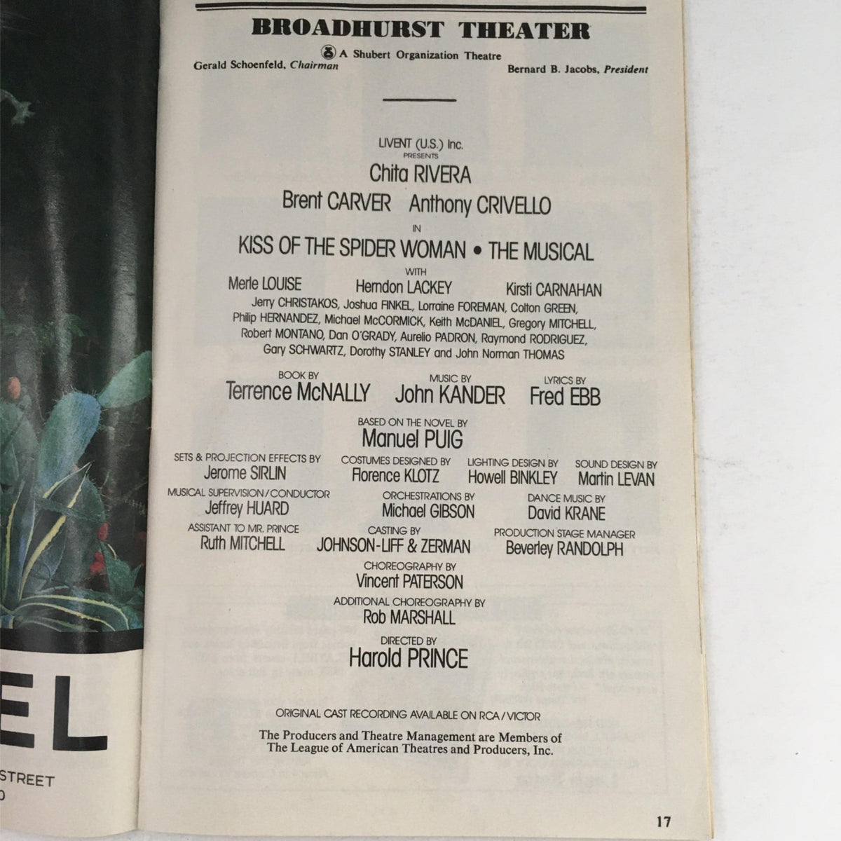 Credits page from the 1993 Playbill for Kiss of the Spider Woman, listing cast and crew details including Chita Rivera, at the Broadhurst Theatre.