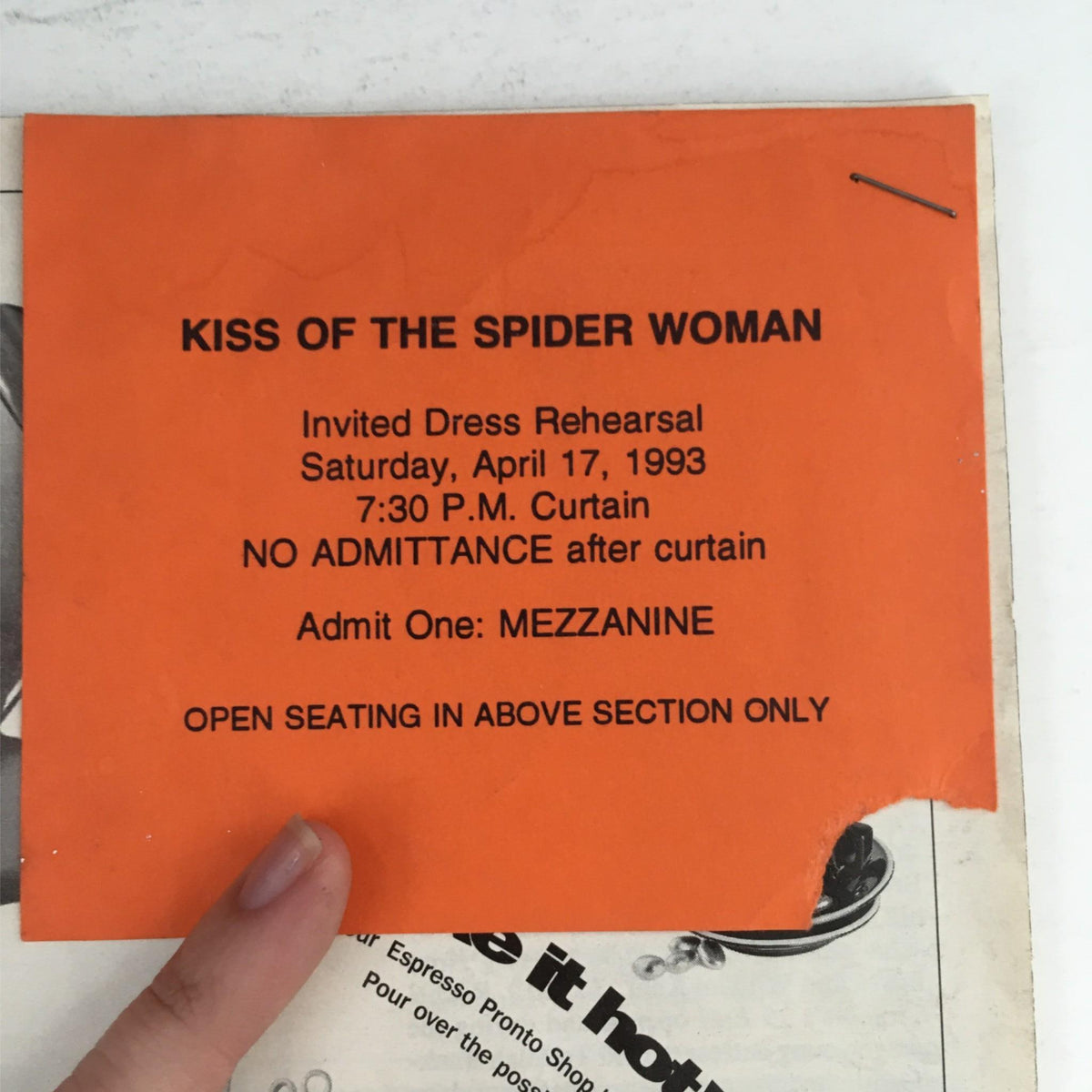 1993 Playbill Kiss of the Spider Woman featuring an Invited Dress Rehearsal ticket from April 17, 1993, with details including seating section and no admittance policy at Broadhurst Theatre.