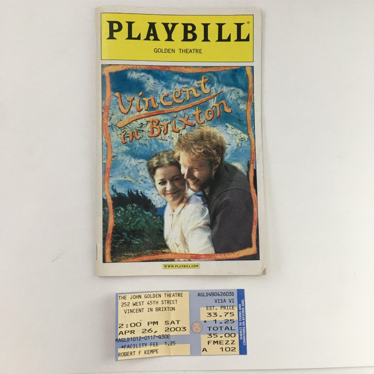 2003 Playbill for 'Vincent in Brixton' featuring artwork and ticket stub, showcasing the production at the Golden Theatre.