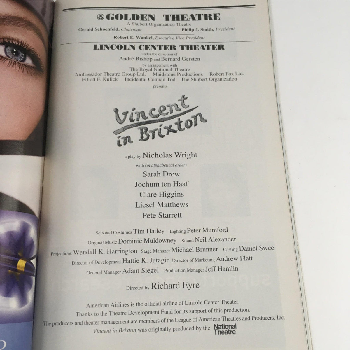 Inside page of the 2003 Playbill for 'Vincent in Brixton' by Nicholas Wright, showing production details and credits.