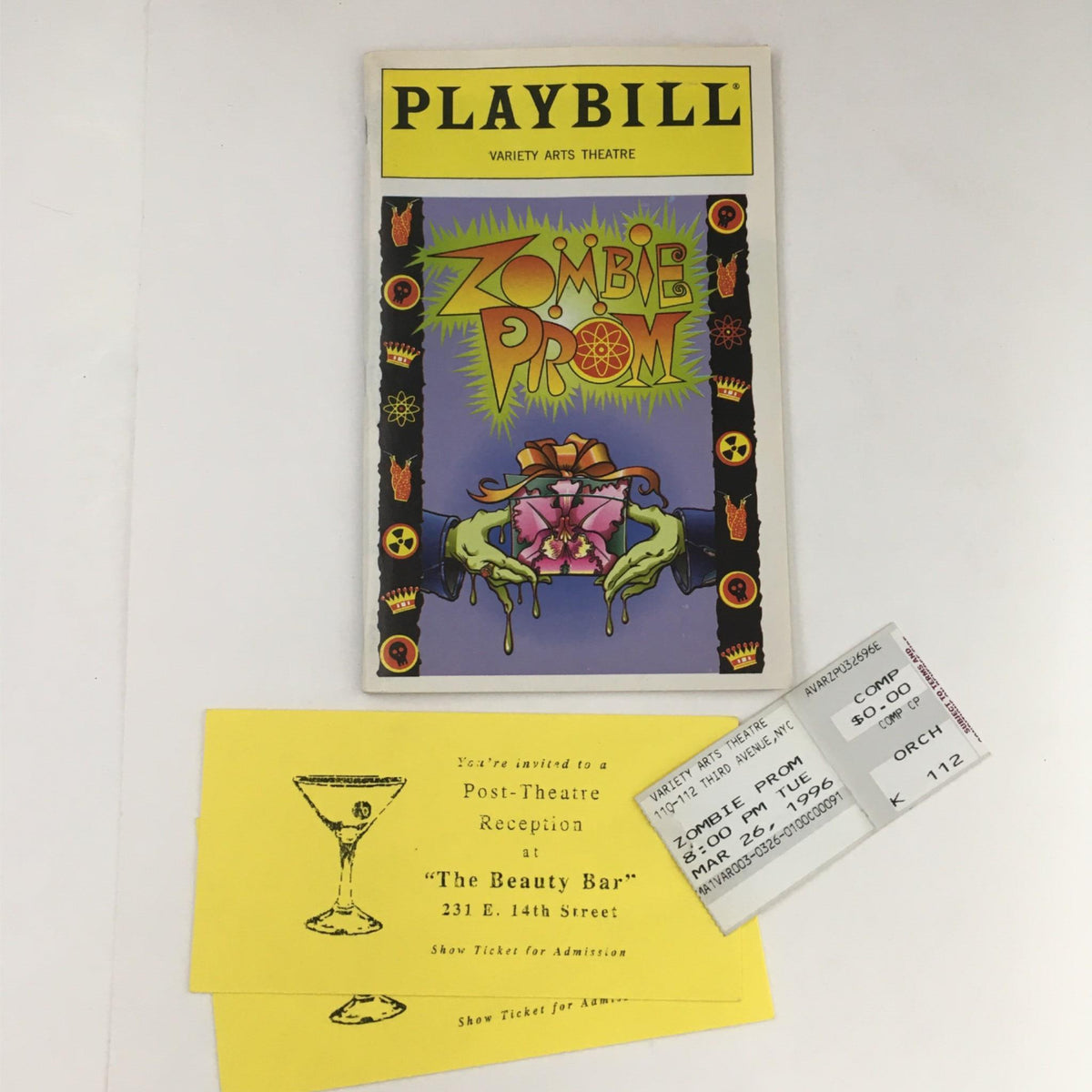 1996 Playbill Zombie Prom by Philip McKinley at Variety Arts Theatre featuring a colorful cover design with zombie and prom theme elements, accompanied by vintage ticket stubs.