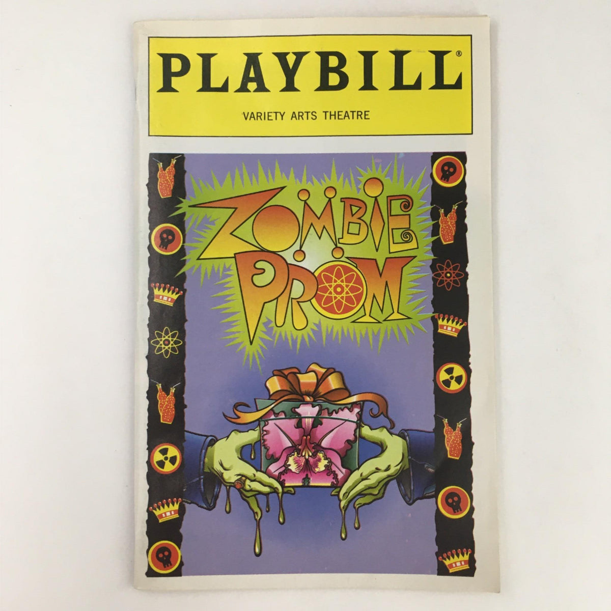 Front cover of the 1996 Playbill Zombie Prom by Philip McKinley at Variety Arts Theatre, highlighting the vibrant artwork and iconic title of this quirky musical.