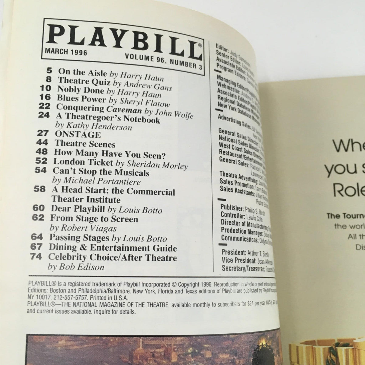 Inside page of the 1996 Playbill for Zombie Prom, featuring a table of contents and editorial notes, highlighting the contents of Volume 96, Number 3.