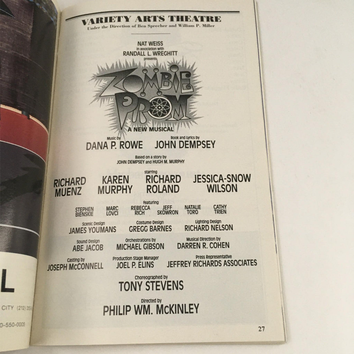 Promotional page from the 1996 Playbill for Zombie Prom at Variety Arts Theatre, showcasing the musical's cast and production credits, directed by Philip McKinley.