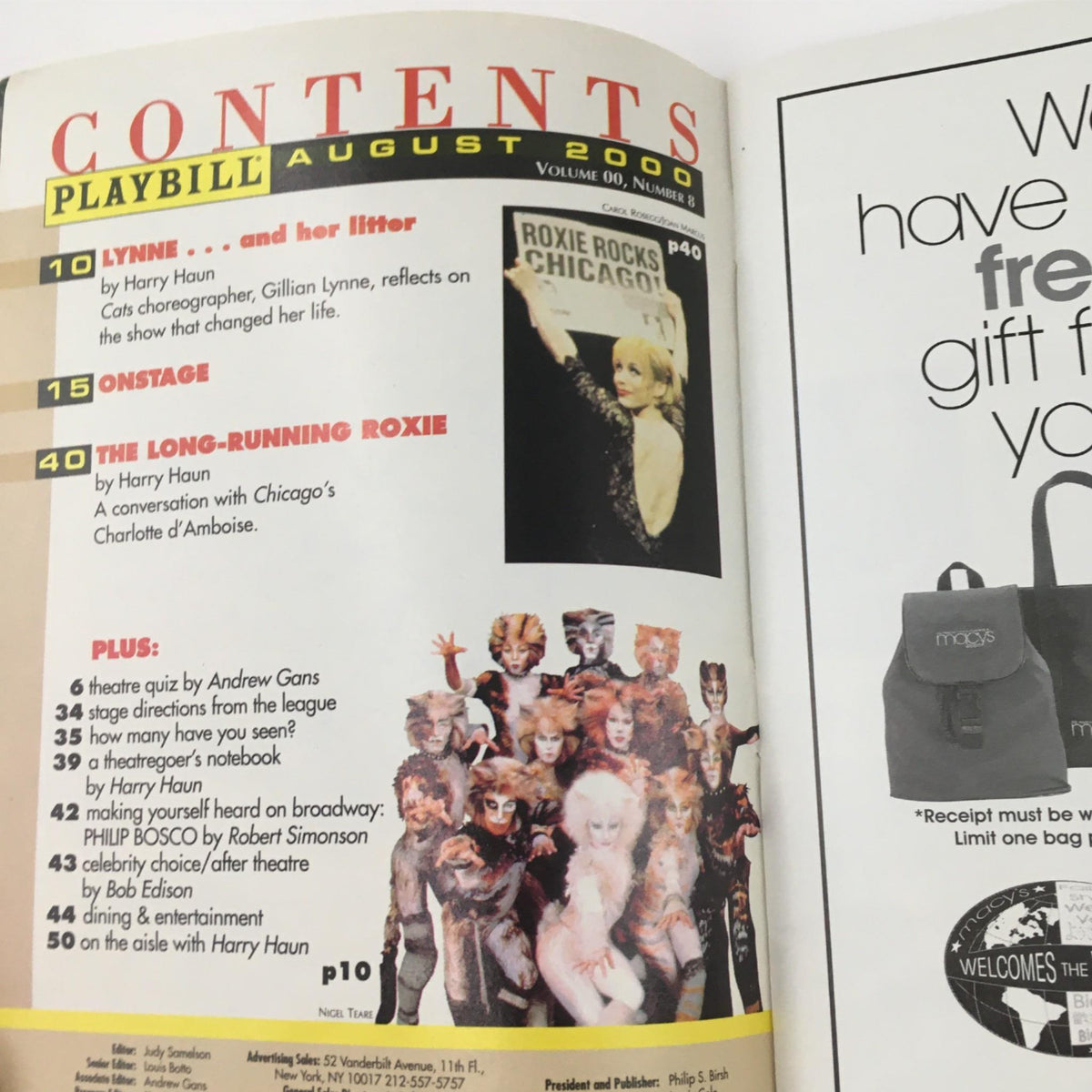 2000 Playbill The Real Thing contents page from August 2000 including articles and highlights from the theater season.