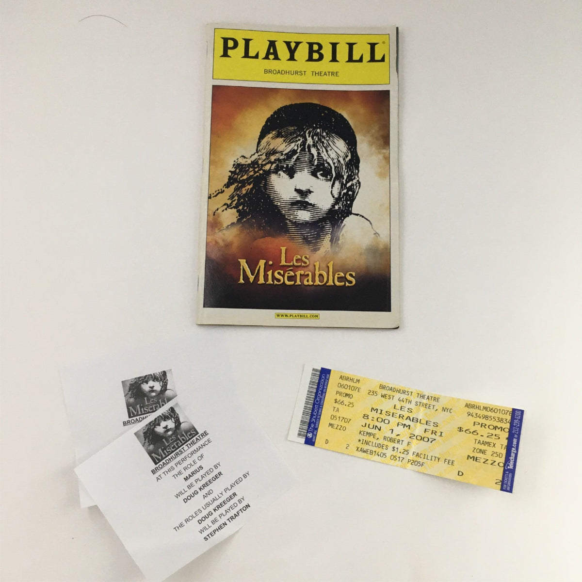 2007 Playbill Les Miserables by Cameron Mackintosh at Broadhurst Theatre, featuring the cover image with the iconic character design and original ticket stub.