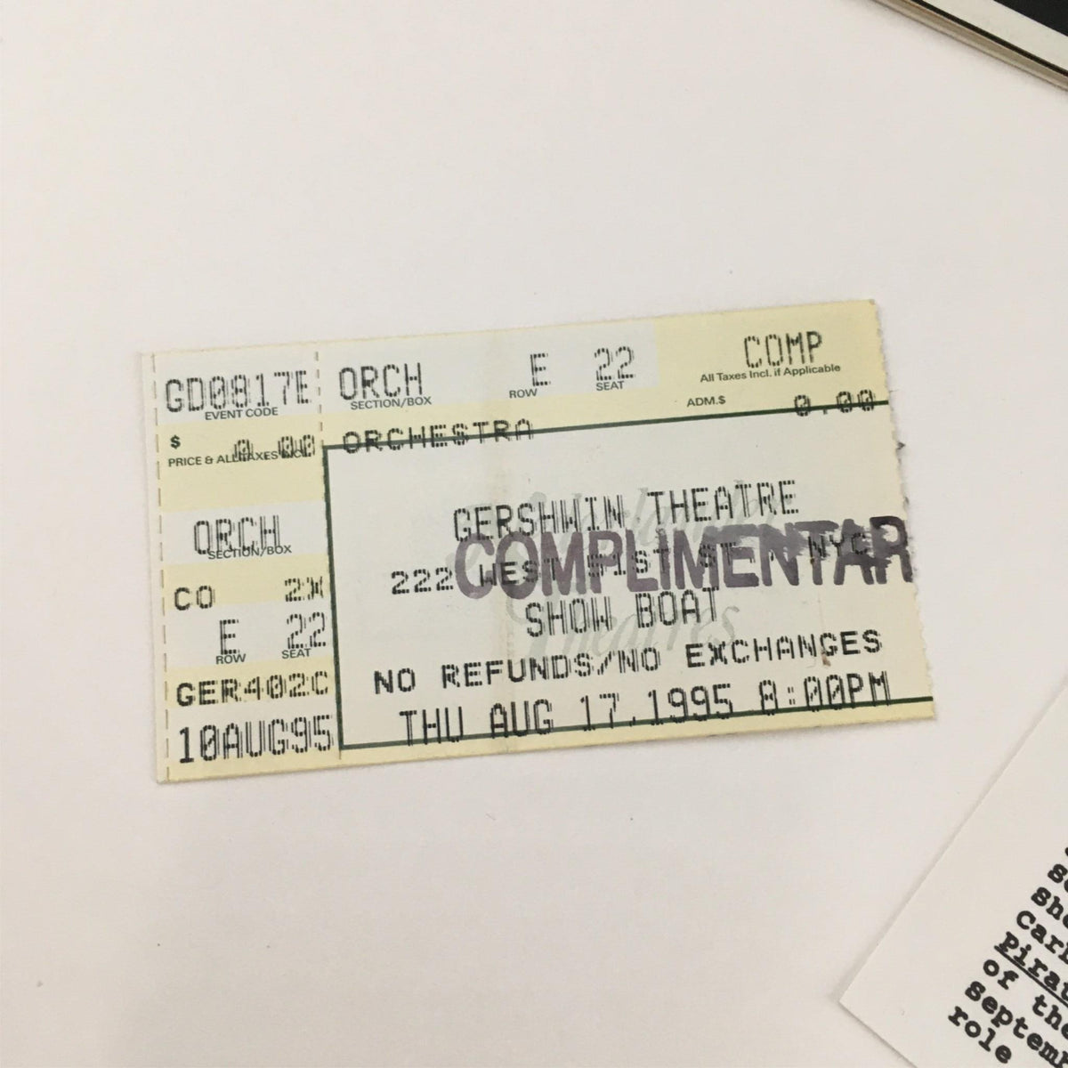 Close-up of the original ticket for the 1995 Playbill Show Boat by Harold Prince at Gershwin Theatre.