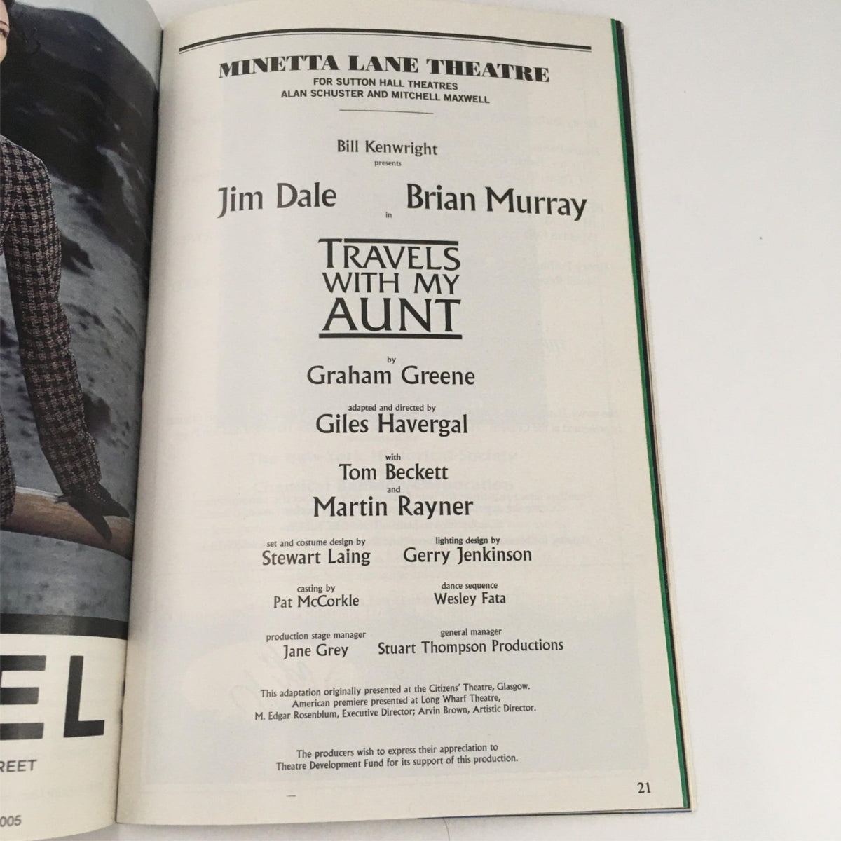 Page from the Playbill for 'Travels with My Aunt' highlighting cast and production details, featuring Jim Dale and Brian Murray.