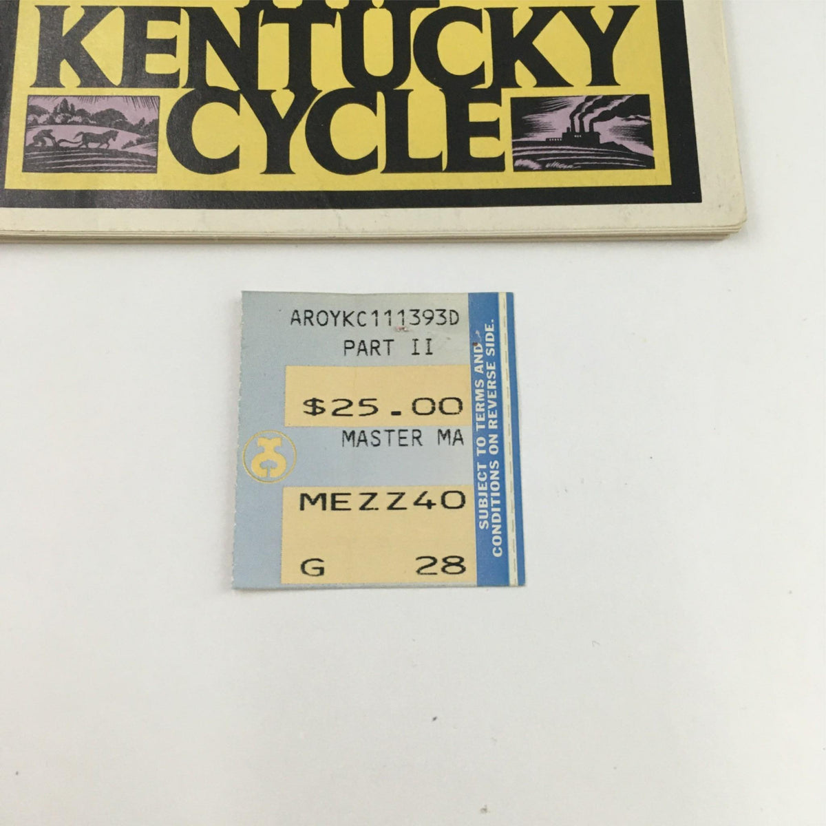 Close-up of the original ticket for The Kentucky Cycle, indicating a price of $25, along with seating details and event information.