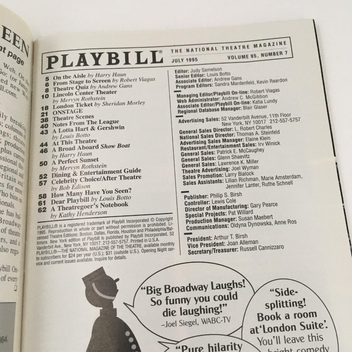 Inside page of the 1995 Playbill for Damn Yankees by Charlotte d'Ambrose, featuring the National Theatre Magazine contents from July 1995.