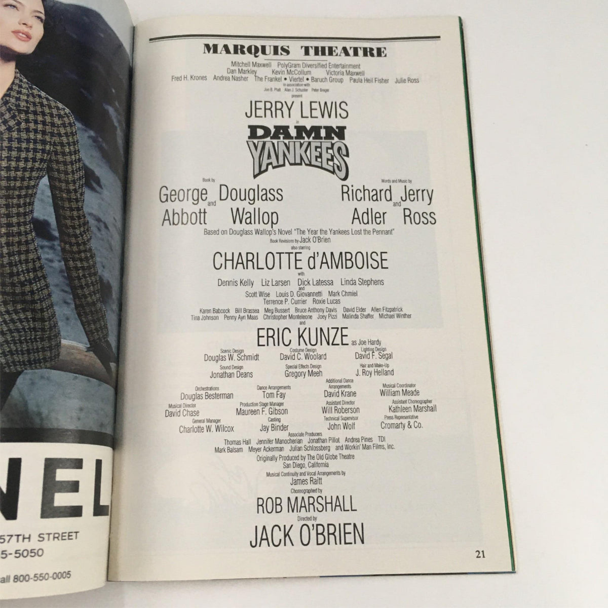 Page from the 1995 Playbill for Damn Yankees by Charlotte d'Ambrose at Marquis Theatre, showcasing cast details including Jerry Lewis and Charlotte d'Amboise.