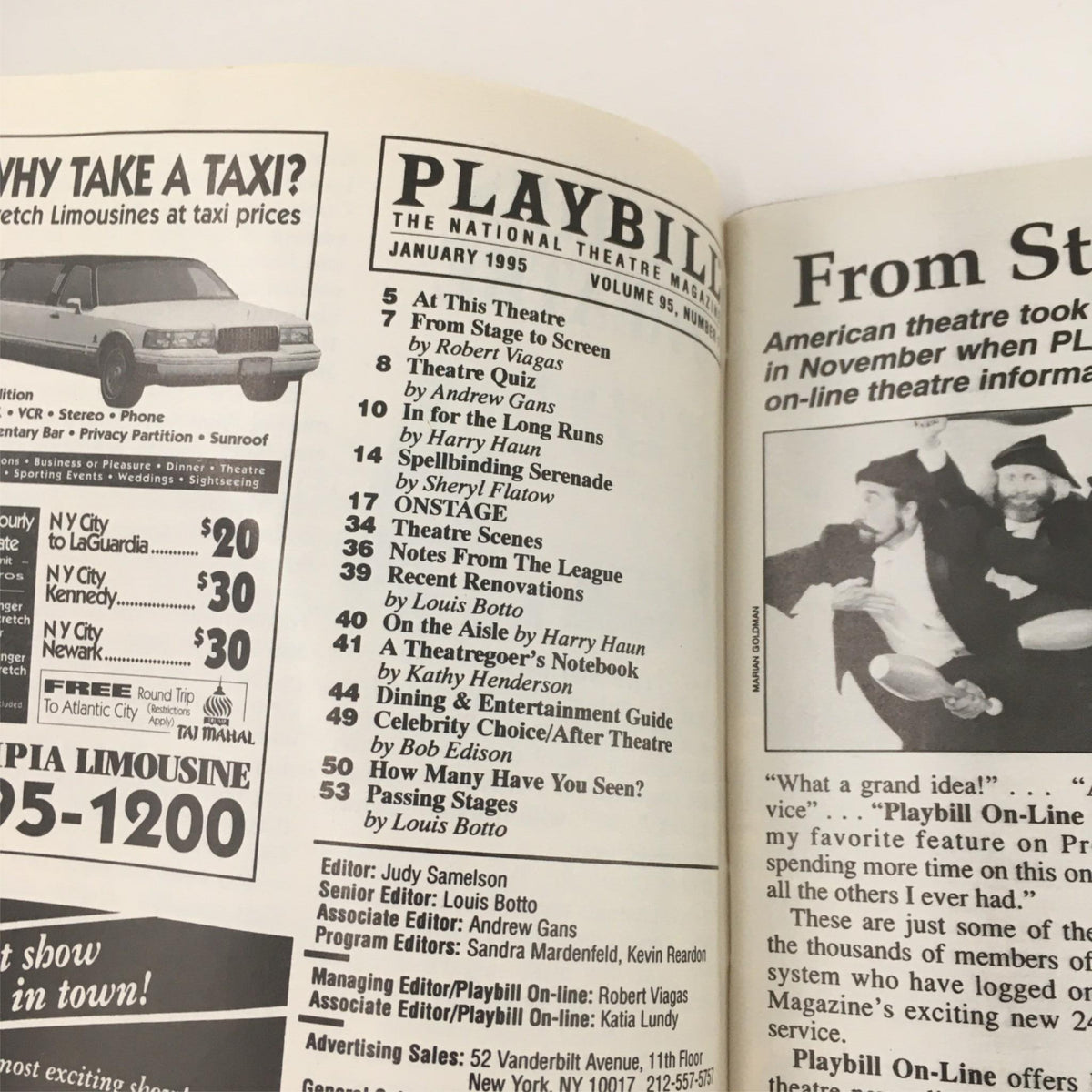 1995 Playbill Crazy For You displaying the inside pages with advertisements and program information from early 1995.