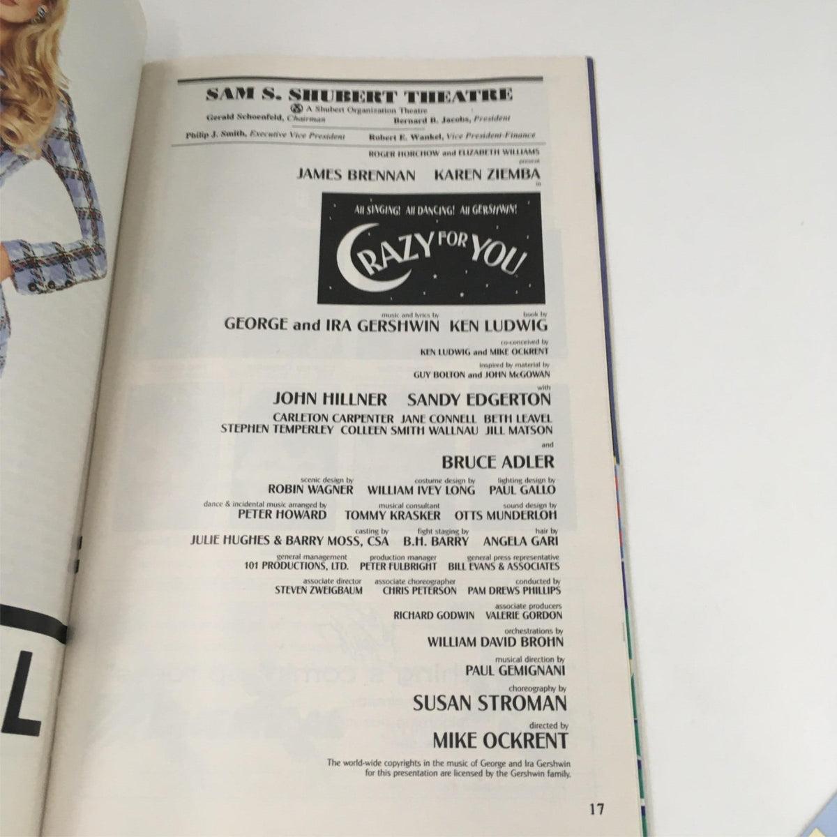 Inside view of the 1995 Playbill for Crazy For You, featuring cast details including James Brennan and Karen Ziemba, at Sam S. Shubert Theatre.