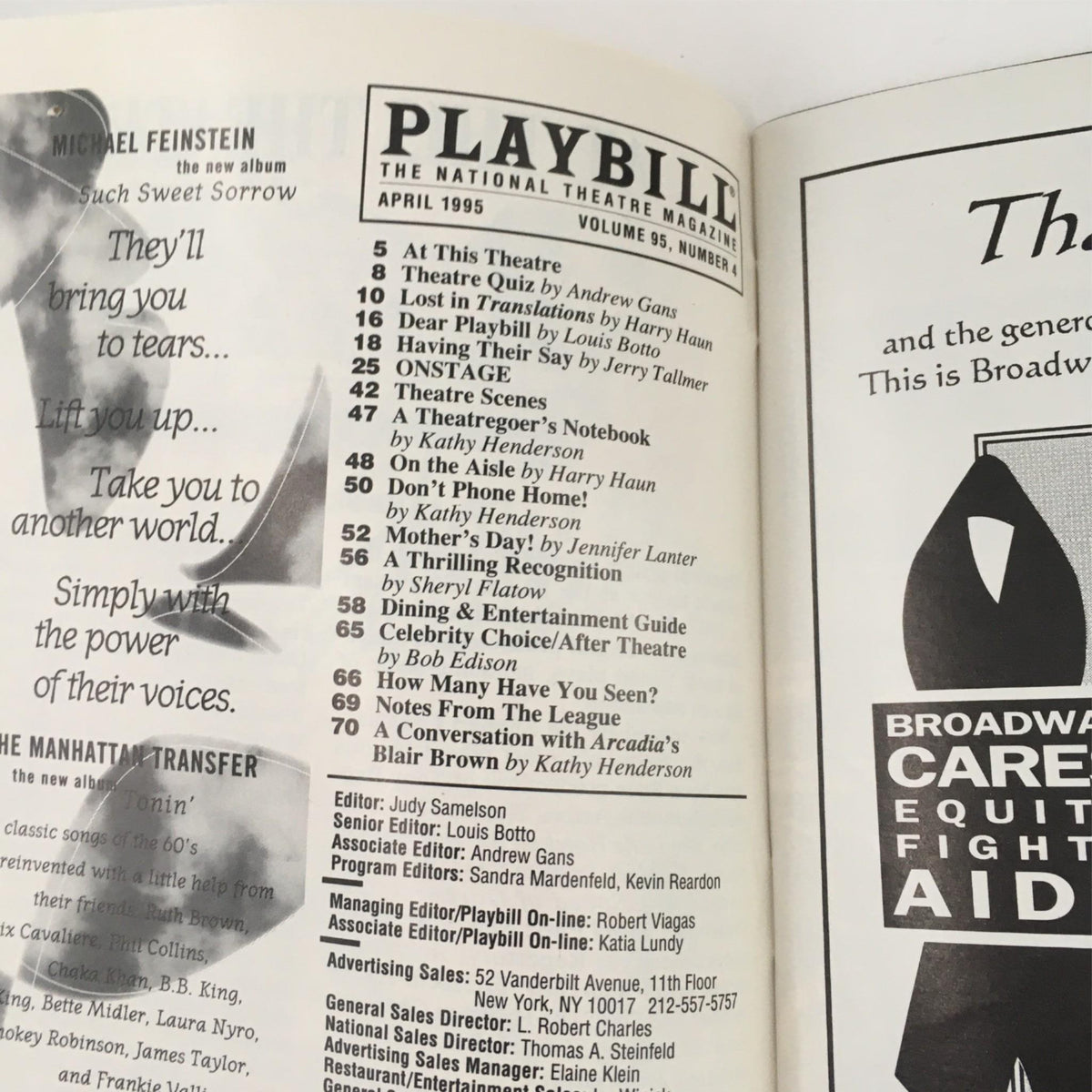 Inside view of the January 1995 Playbill featuring various theater productions, including the performance of Hamlet by William Shakespeare at Belasco Theatre, directed by Jonathan Kent.