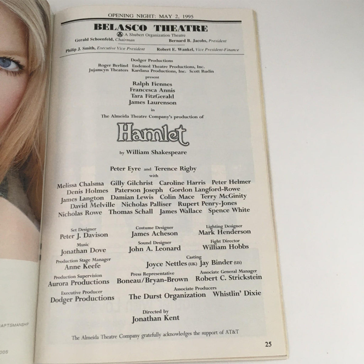 Page highlighting the opening night details of Hamlet by William Shakespeare, displayed at Belasco Theatre on May 2, 1995, under the direction of Jonathan Kent.