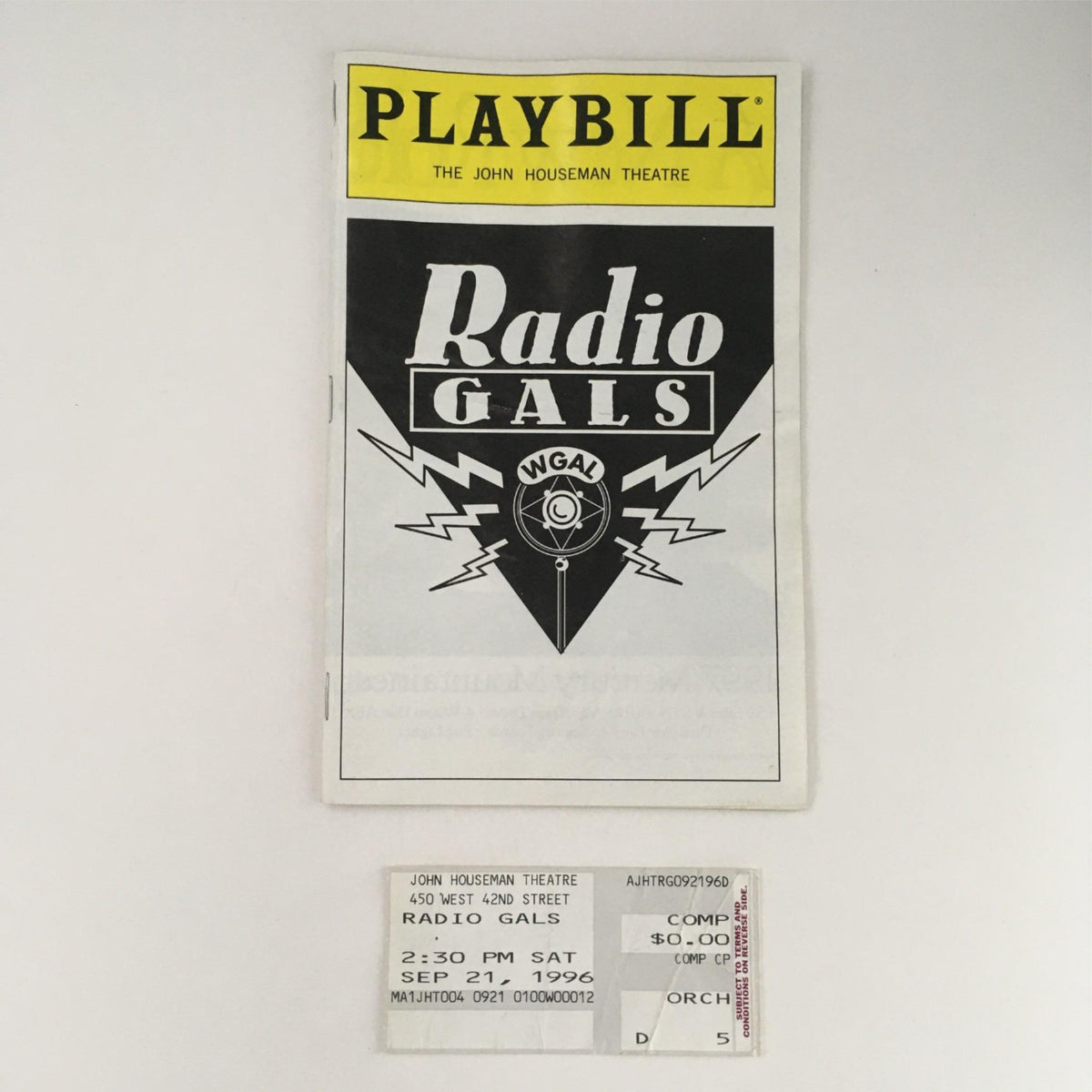 1996 Playbill for Radio Gals featuring cover design, John Houseman Theatre.