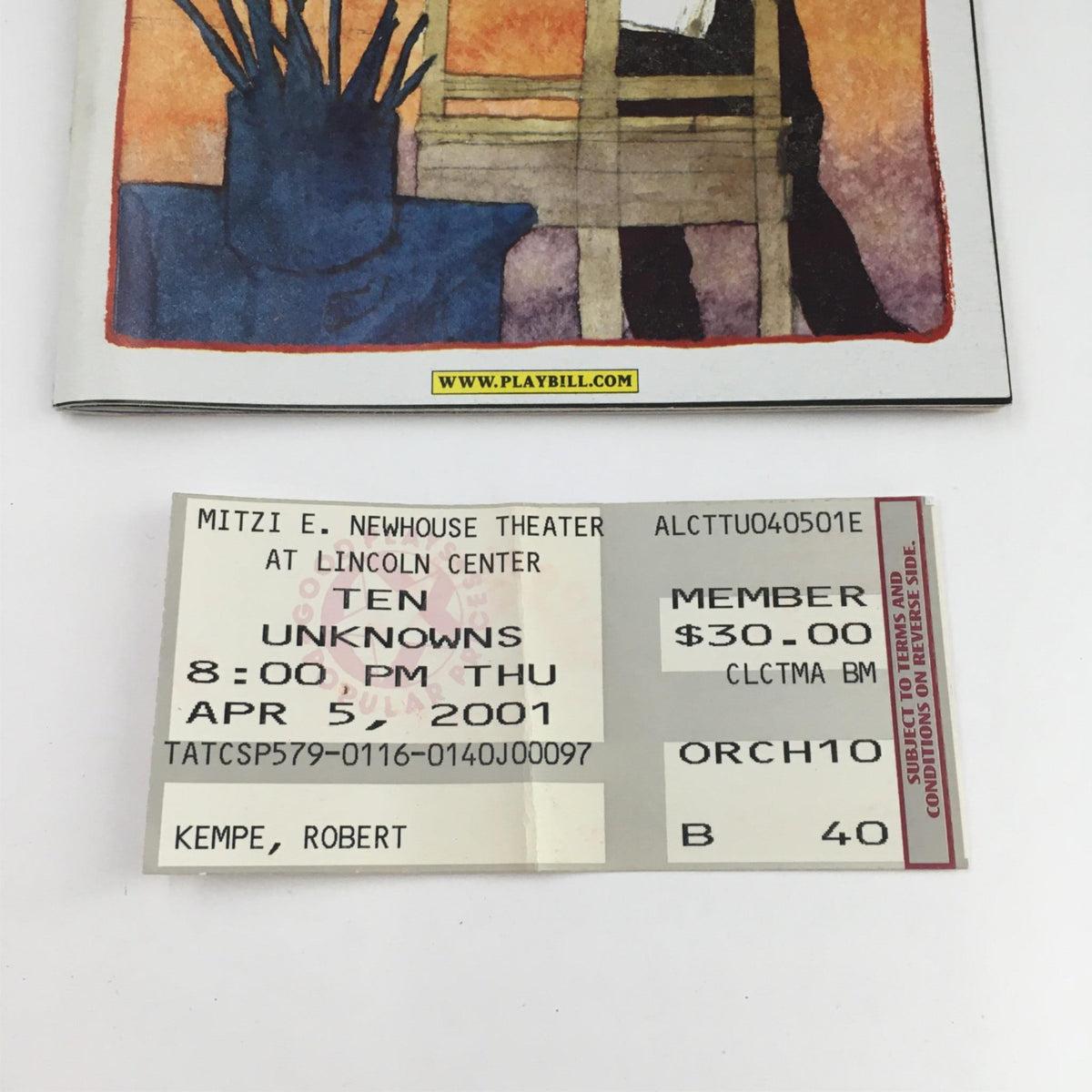 Close-up image of the 2001 Playbill for 'Ten Unknowns' by Jon Robin Baitz along with an original ticket from the performance held at Lincoln Center on April 5, 2001.