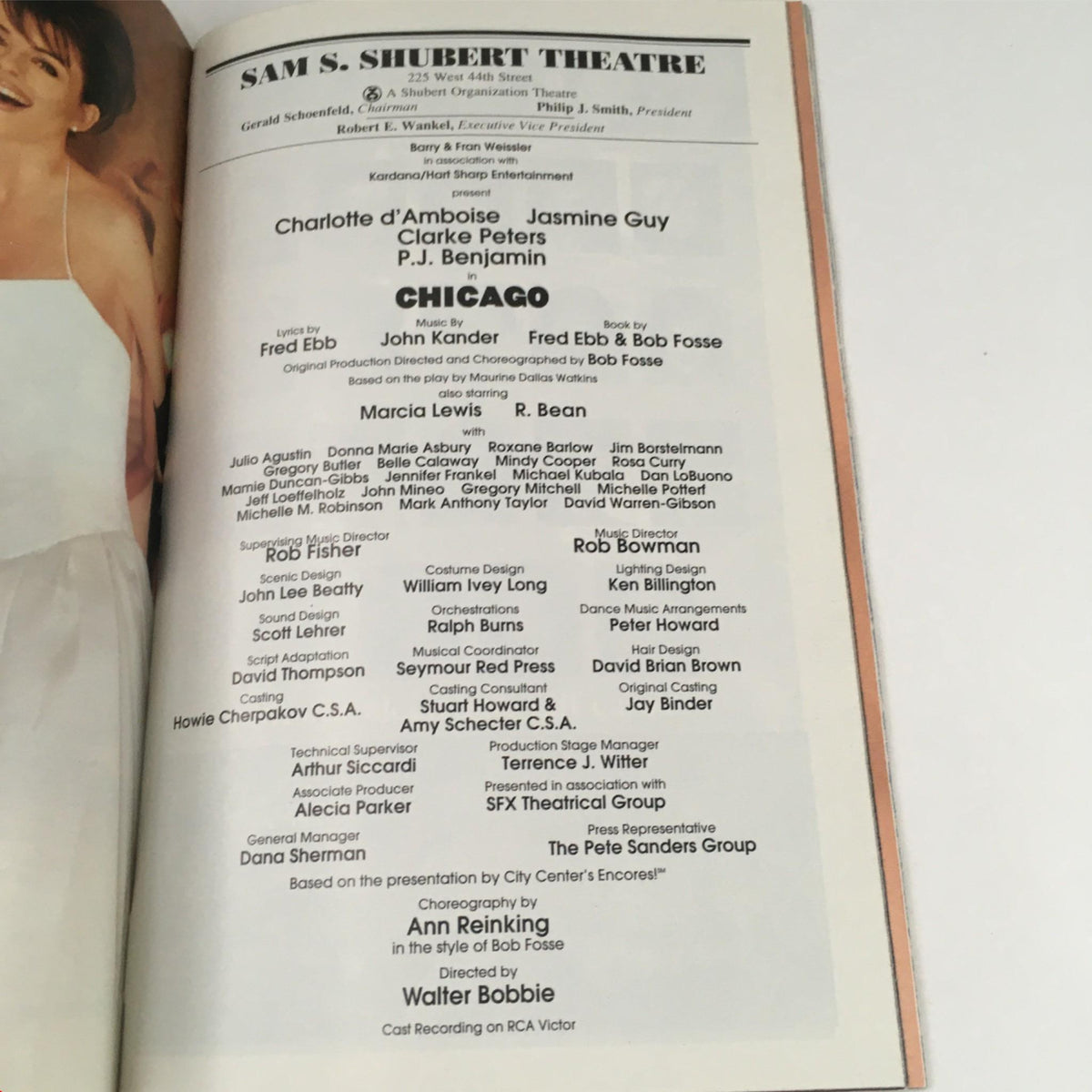 Credits page from the 2000 Playbill for Chicago, listing cast and creative team at Sam S. Shubert Theatre.