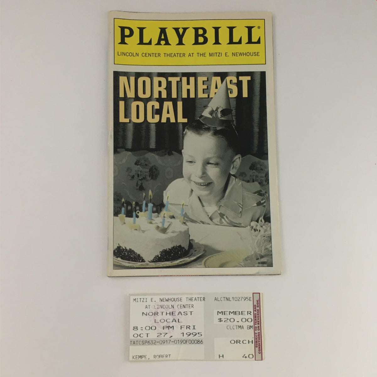 1995 Playbill Northeast Local featuring a cover image of a young boy with a birthday cake, performed at Lincoln Center.