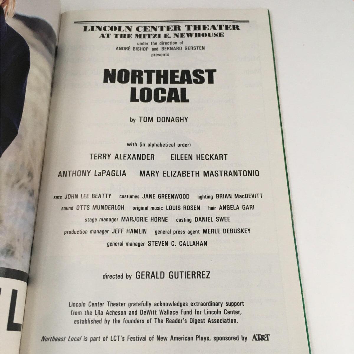 1995 Playbill for Northeast Local by Tom Donaghy and Gerald Gutierrez at Lincoln Center Theater, featuring cast information and production details.