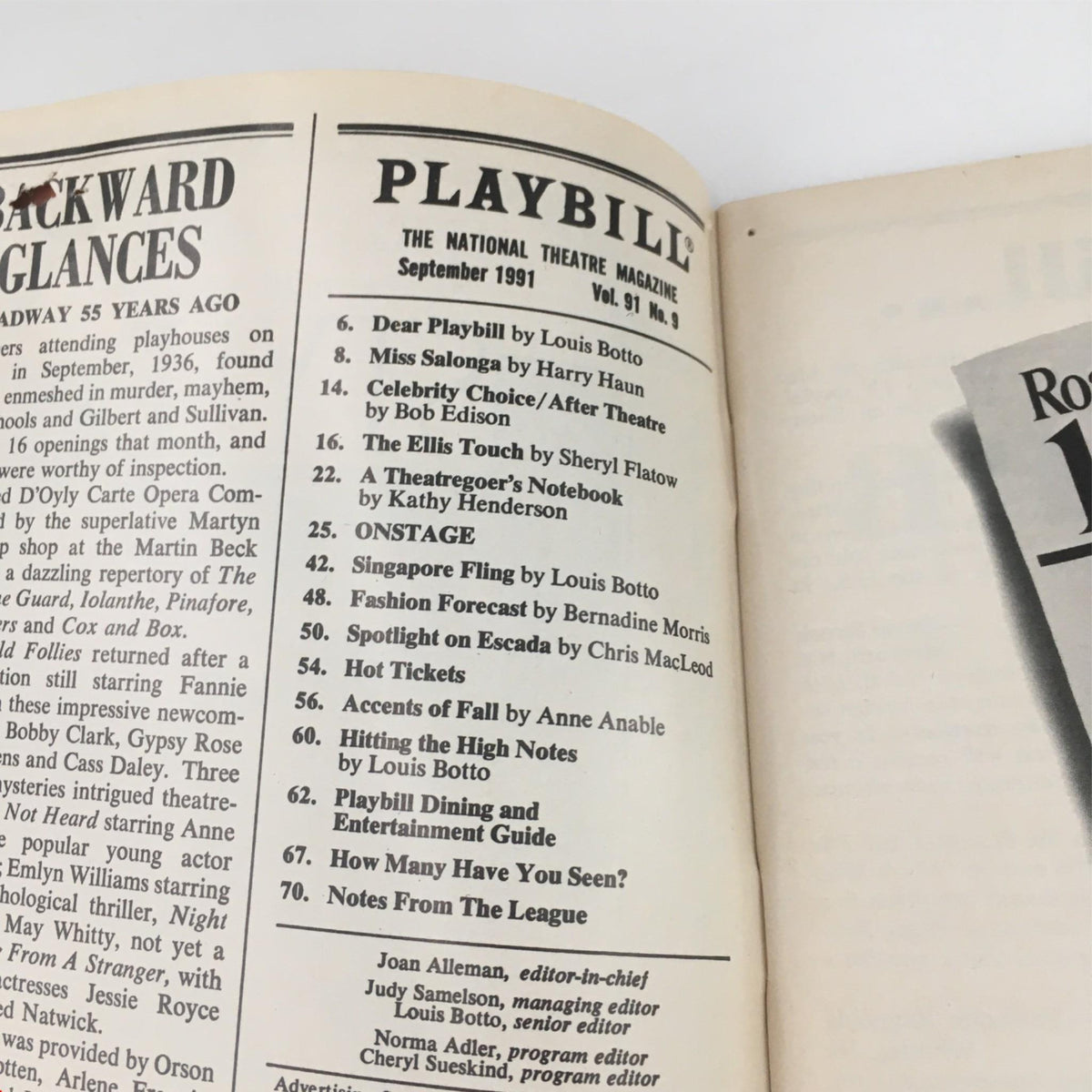 Inside pages of the 1991 Playbill for Return to the Forbidden Planet showcasing various articles and advertisements.