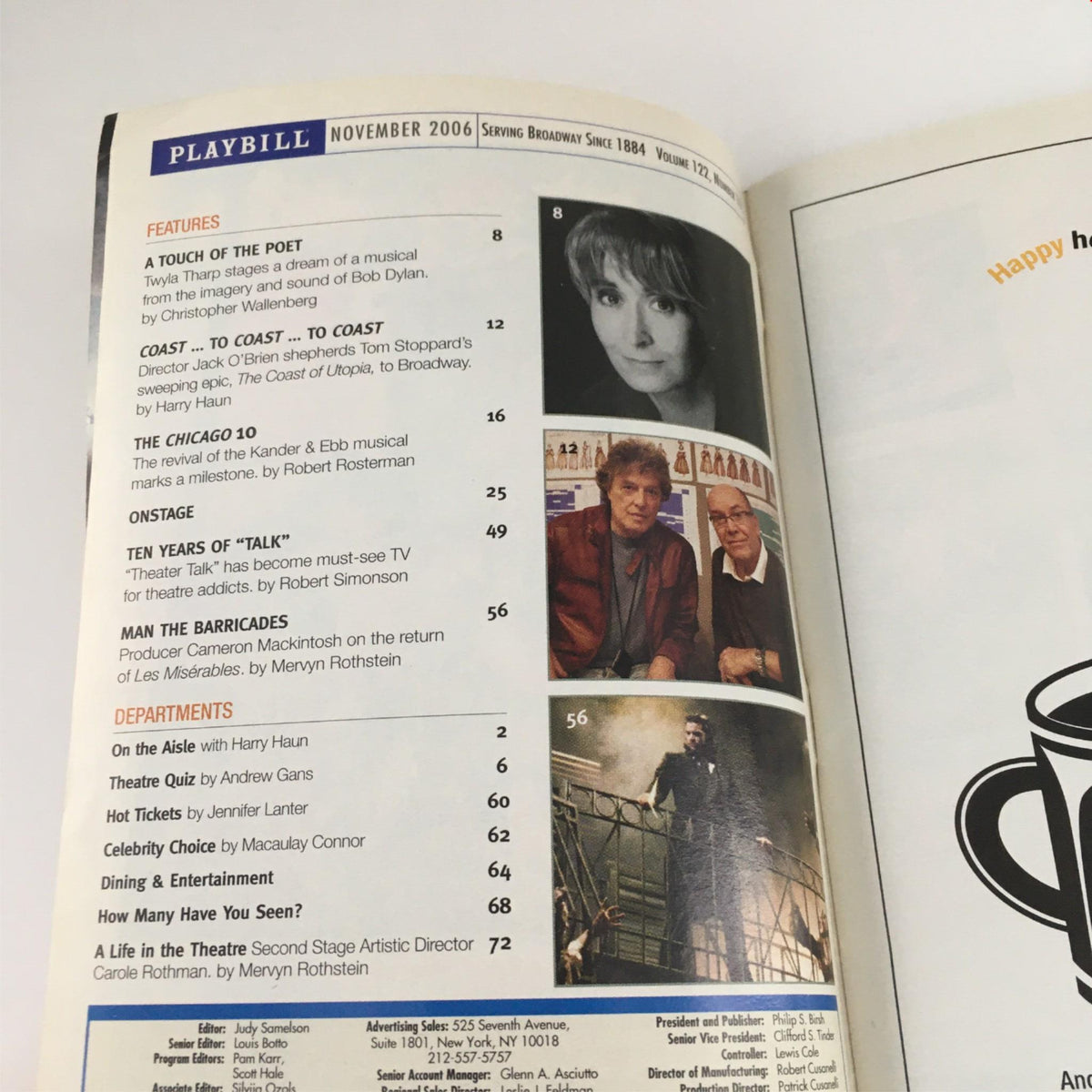 Interior page of the 2006 Playbill Company Opening Night, including features and articles related to Broadway productions.