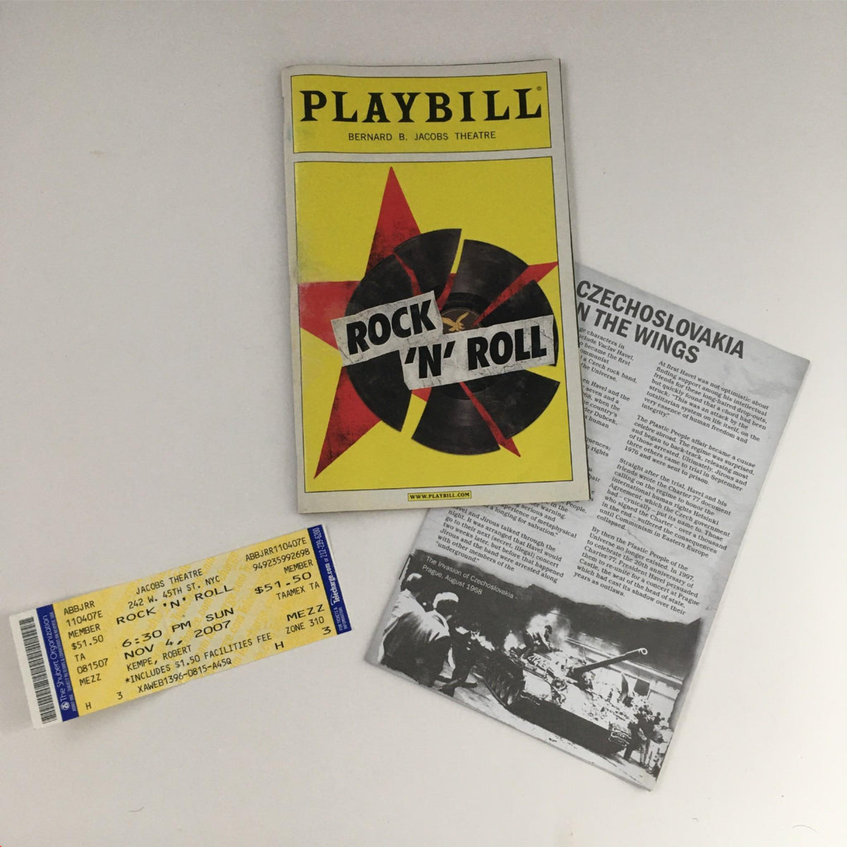 2007 Playbill for Rock 'N' Roll by Tom Stoppard at Bernard Jacobs Theatre with ticket and related materials.