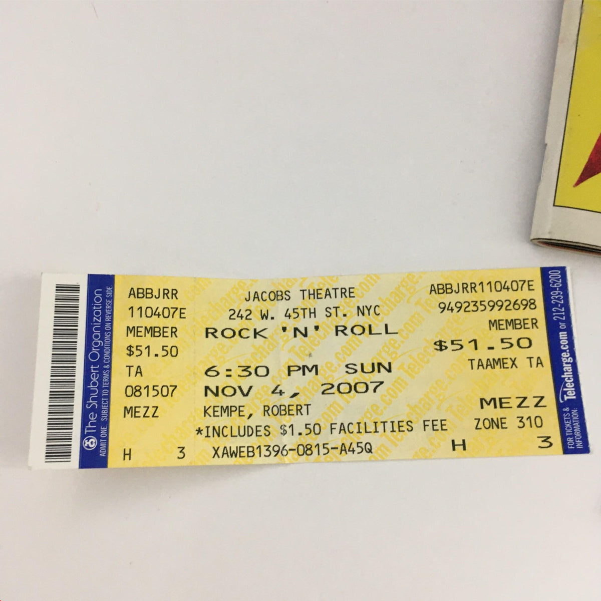 Close-up of the ticket for the 2007 Rock 'N' Roll play at Bernard Jacobs Theatre, featuring performance details.