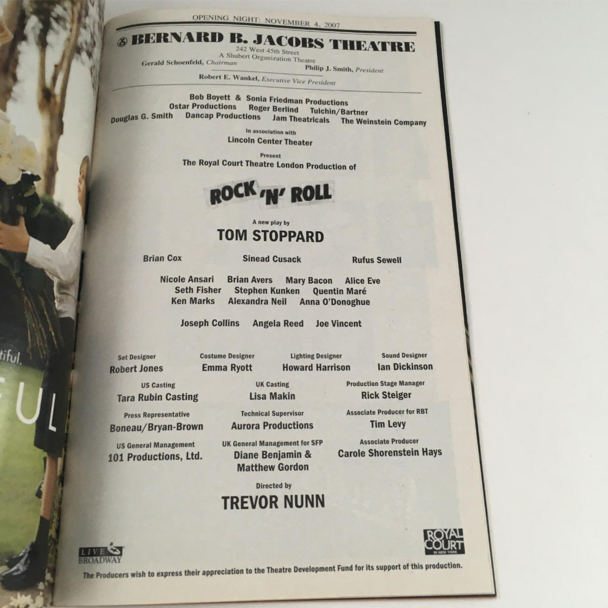 2007 Playbill for the play 'Rock 'N' Roll' by Tom Stoppard, directed by Trevor Nunn, featuring production details and cast list at the Bernard B. Jacobs Theatre.