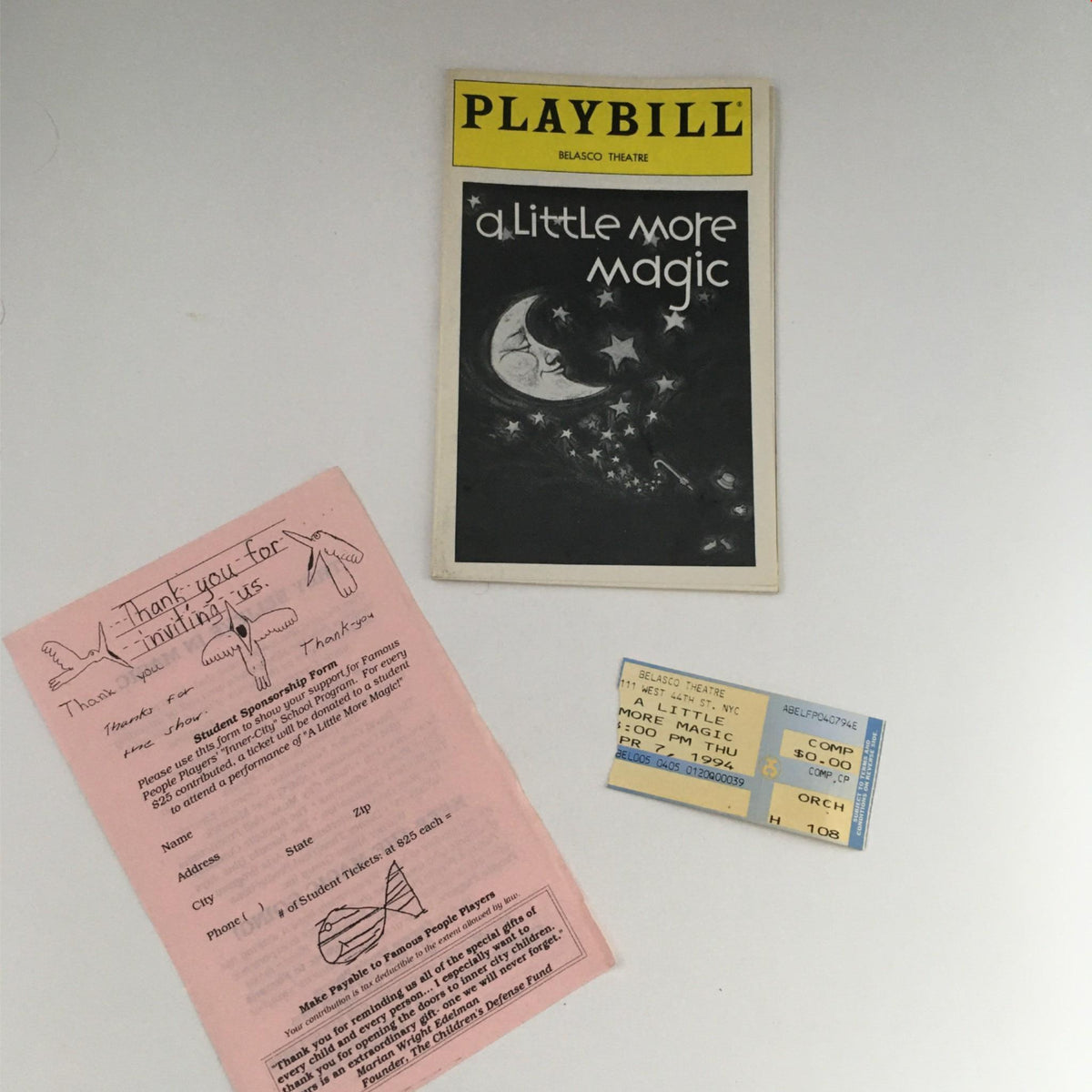 1994 Playbill for 'A Little More Magic' by Diane Lynn Dupuy at Belasco Theatre, featuring the playbill cover, original ticket, and information card.