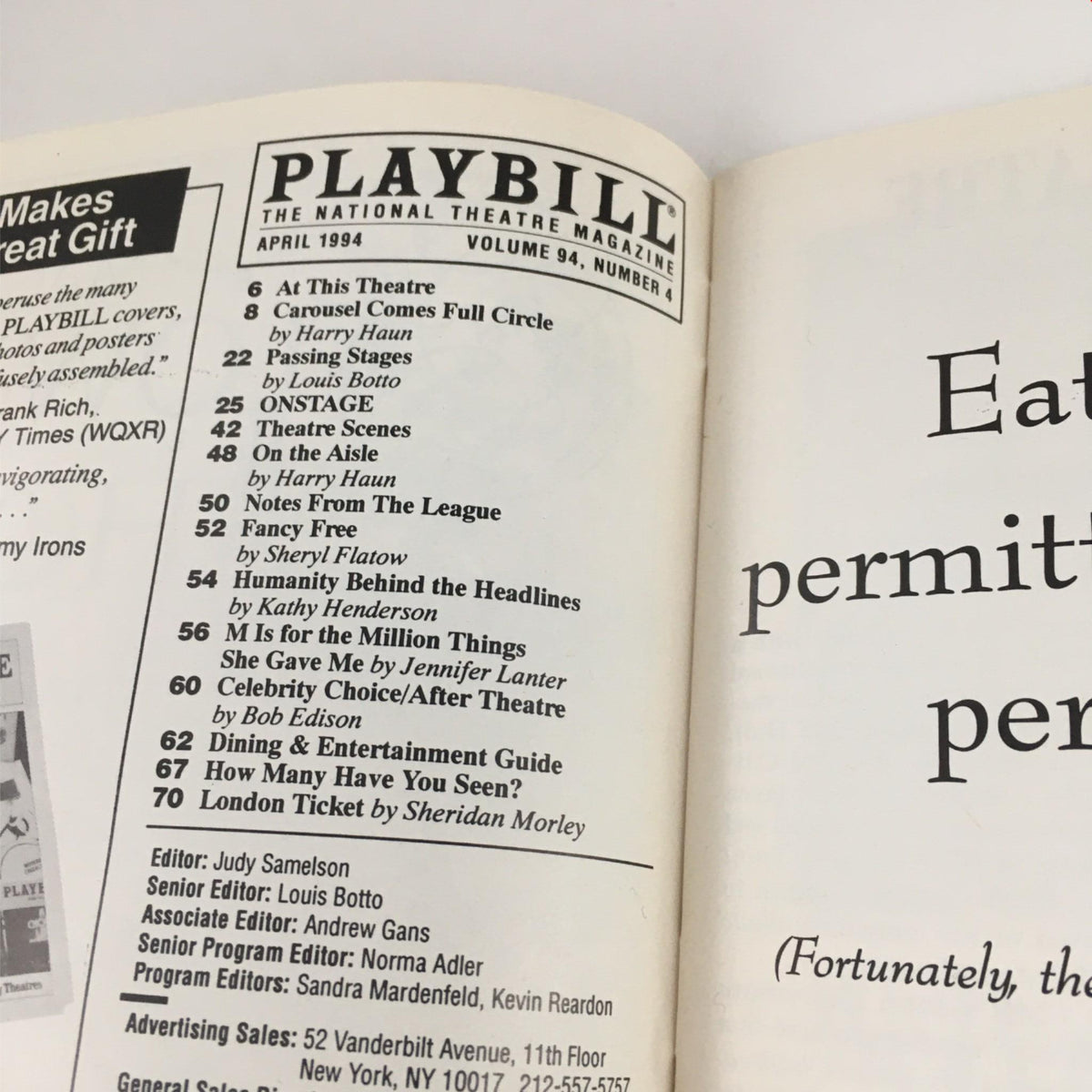 Inside page of the 1994 Playbill for 'A Little More Magic' by Diane Lynn Dupuy at Belasco Theatre, displaying magazine features from April 1994.