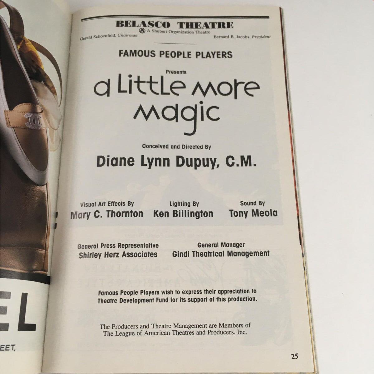 1994 Playbill for 'A Little More Magic' by Diane Lynn Dupuy, showcasing production details at Belasco Theatre, and featuring cast and crew credits.