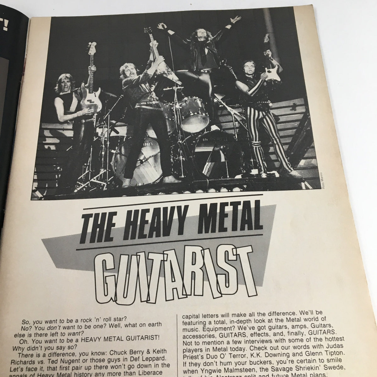 Article page from The American Band Magazine November 1984 focusing on heavy metal guitarists, highlighting prominent musicians and their music contributions.