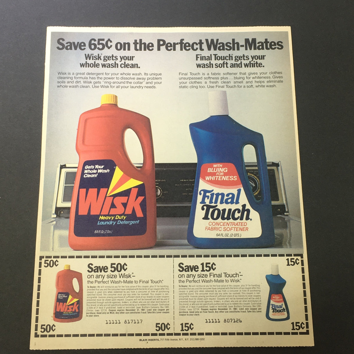 VTG 1981 Wisk Heavy Duty Laundry Detergent & Final Touch Fabcon Softener Coupon advertisement featuring Wisk laundry detergent and Final Touch fabric softener. The ad highlights a promotional offer with clear pricing and imagery of the products.