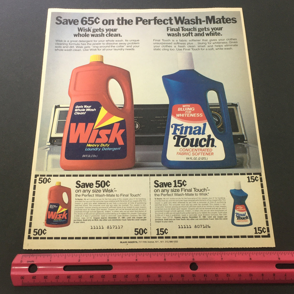 VTG 1981 Wisk Heavy Duty Laundry Detergent & Final Touch Fabcon Softener Coupon advertisement showcasing Wisk detergent and Final Touch fabric softener with a promotional offer for savings. The ad features two brightly colored bottles against a vintage laundry backdrop.