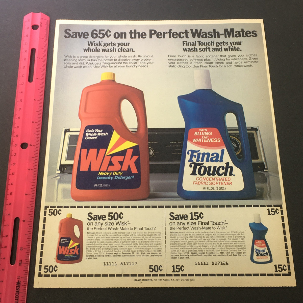 VTG 1981 Wisk Heavy Duty Laundry Detergent & Final Touch Fabcon Softener Coupon ad featuring Wisk detergent and Final Touch fabric softener, highlighting a savings deal. This retro image presents a vibrant layout of the products with pricing details.