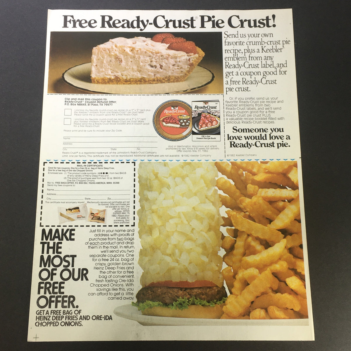 1982 advertisement for Ready-Crust pie crust featuring a delicious pie and a promotion for free recipe submissions, along with offers for Heinz Deep Fries and Ore-Ida Chopped Onions.