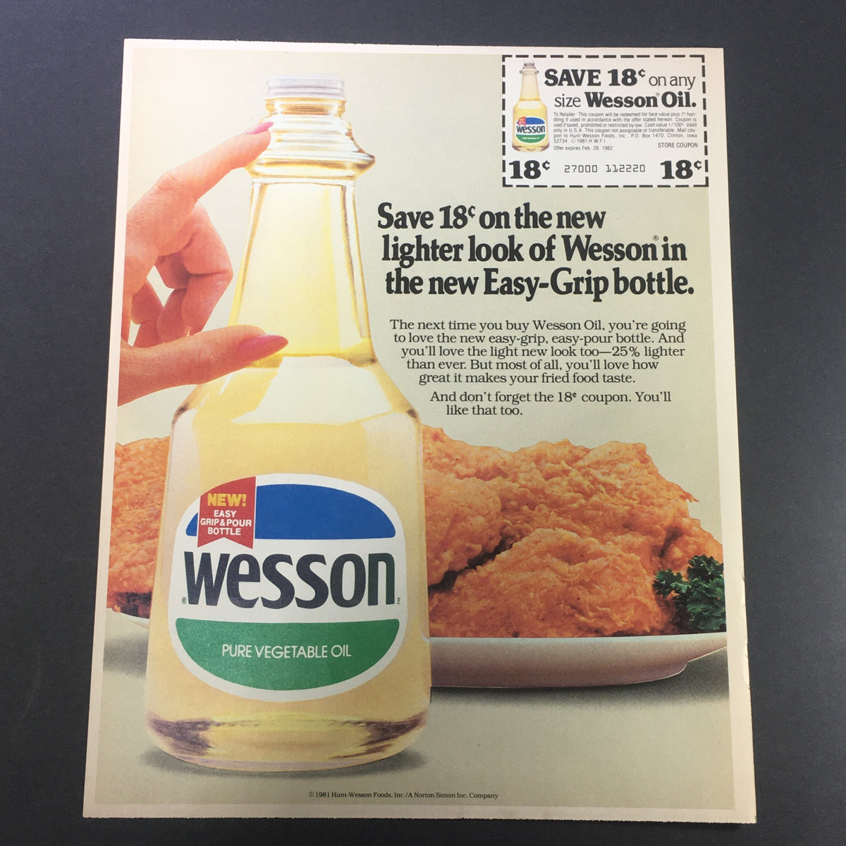 VTG Retro 1982 Wesson Pure Vegetable Oil & Morton Iodized Salt Print Ad Coupon featuring a bottle of Wesson Oil and crispy fried food, showcasing the brand's new Easy-Grip bottle design.