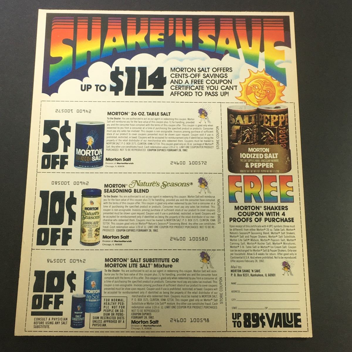 VTG Retro 1982 Wesson Pure Vegetable Oil & Morton Iodized Salt Print Ad Coupon highlighting Morton Salt savings offers with various discounts, colorful layout, and coupon details for salt products.