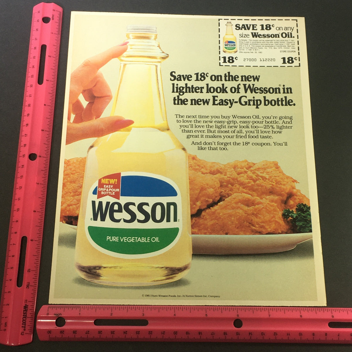 VTG Retro 1982 Wesson Pure Vegetable Oil & Morton Iodized Salt Print Ad Coupon emphasizing the Wesson Oil bottle image and coupon discount information, with a ruler for size reference.