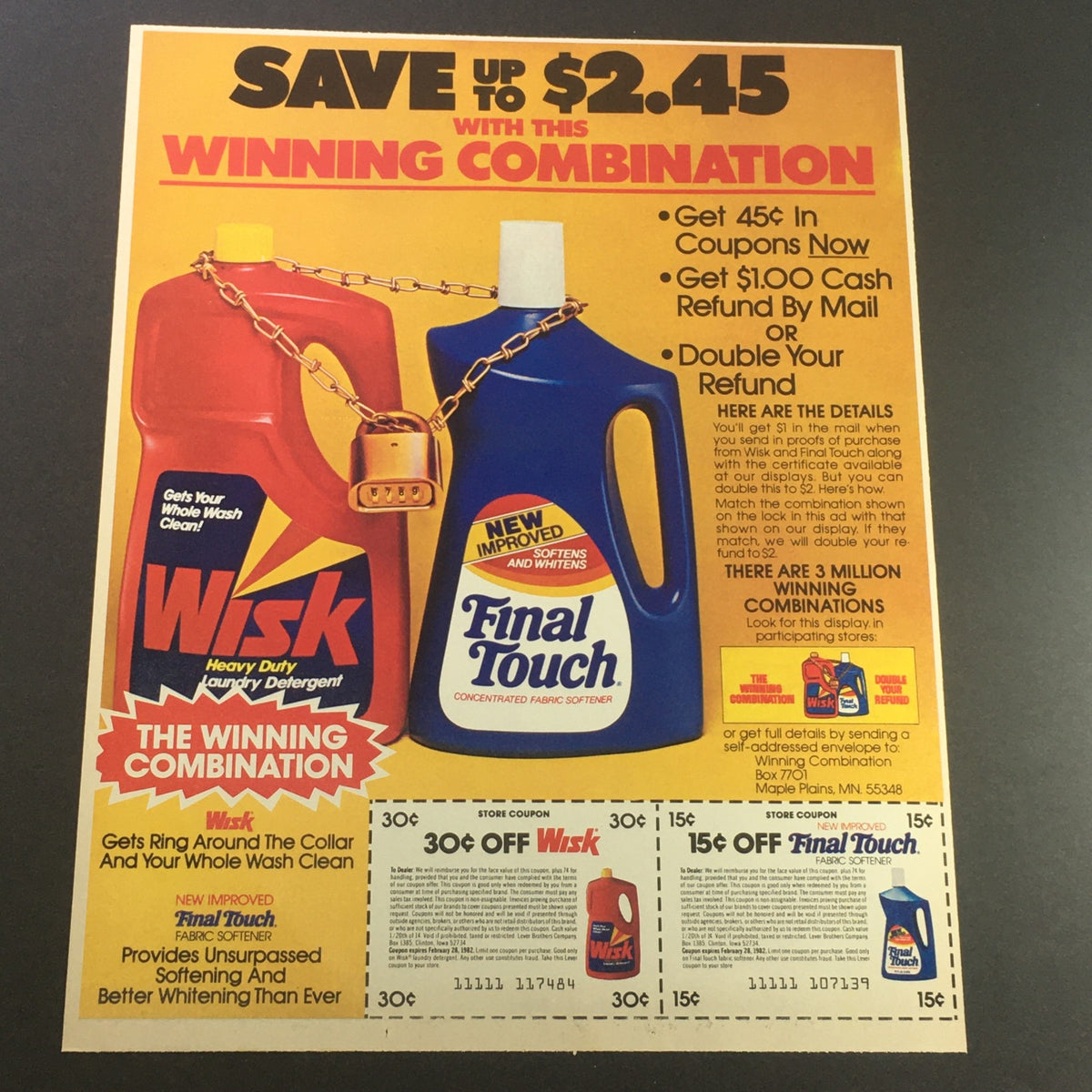 VTG Retro 1981 Wisk and Final Touch Detergent Print Ad Coupon promoting savings, includes a combination offer with promotional graphics, emphasizing vintage advertising design.