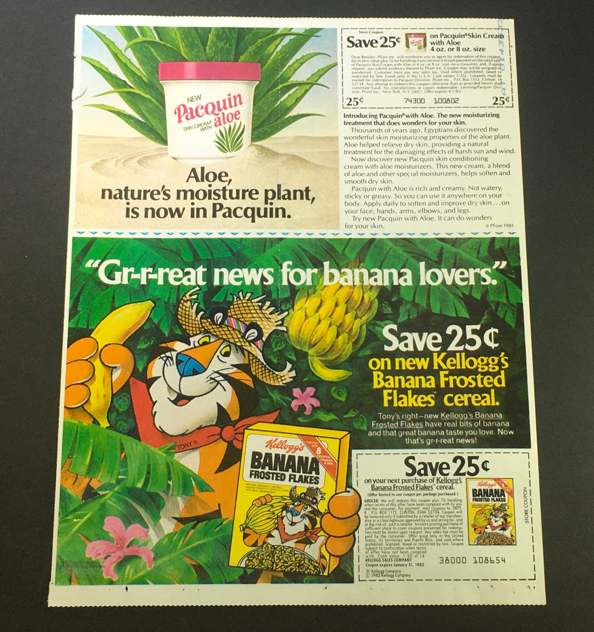 VTG Retro 1983 Pacquin Aloe Skin Cream & Kellogg's Banana Frosted Flakes Coupon featuring an advertisement showcasing Pacquin Aloe Skin Cream and Tony the Tiger promoting Kellogg's Banana Frosted Flakes, with tropical plants in the background.