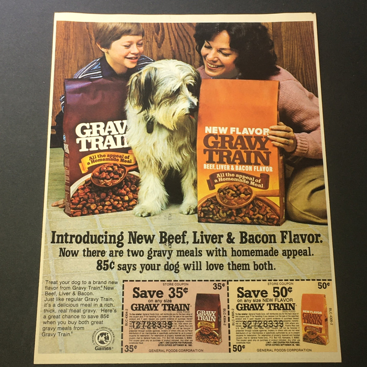 VTG Retro 1982 Gravy Train Dog Food Ad Coupon showcasing two women and a dog, with coupons for savings on Gravy Train products.