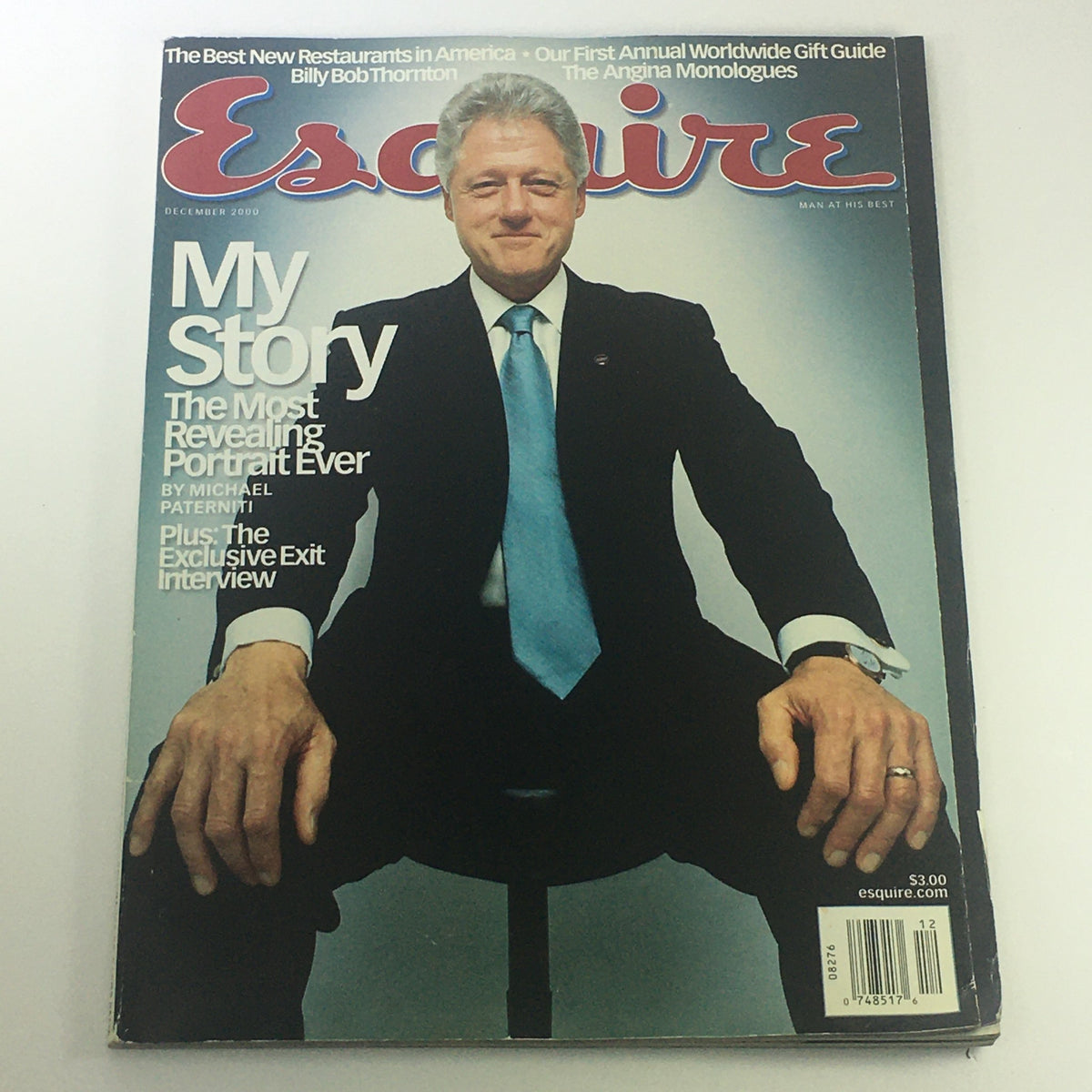 Esquire Magazine December 2000 featuring President Bill Clinton and actor Billy Bob Thornton on the cover. This vintage magazine captures pivotal moments in American culture at the turn of the millennium.