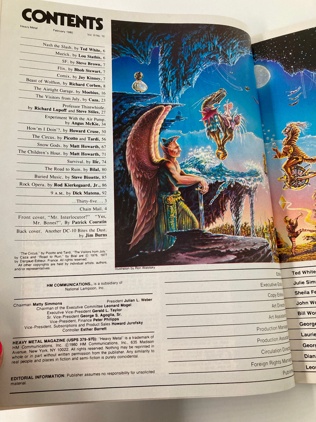 Contents page of the February 1980 Heavy Metal Magazine displaying a vibrant illustration with various unique artistic elements, listing featured stories and artists including Ted White and Richard Corben.
